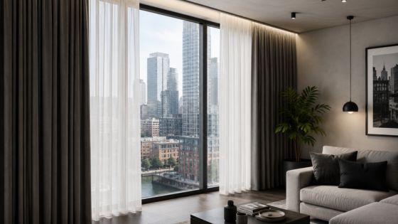 Contemporary city apartment with floor-to-ceiling windows, sheer curtains and dark curtains fitted to ceiling-mounted tracks.