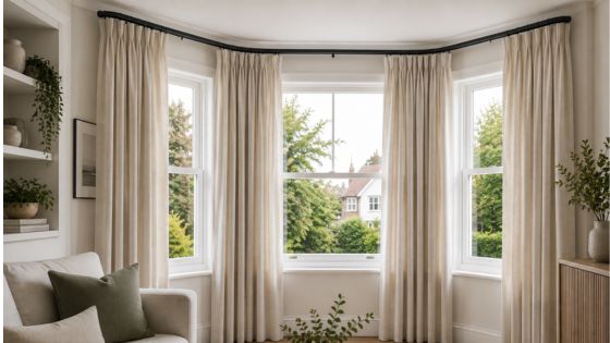 Made-to-measure curtain track fitted around an uneven bay window with cream curtains.