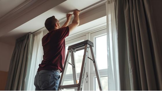 Man up a ladder adjusting their curtain track