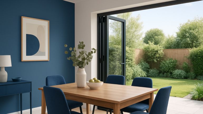 "Modern dining room with bifold doors and a blue and white colour scheme, featuring navy dining chairs, a wooden table, and no window coverings for a clean, open-plan look.