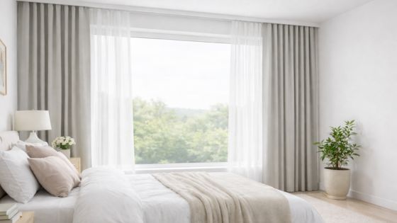 light and breezy bedroom, in natural greys and whites. large windows with double layering of window treatments, curtains and voiles hanging from a double curtain track
