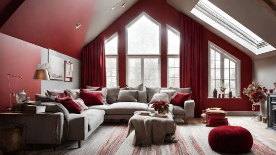 gorgeous living room space, with a window with a sloped ceiling with curtains hanging from the slope -  room colours to be reds with a Christmas feel