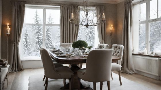 Captivating Dining Room with Winter Ambiance - Enhance your dining experience in this delightful space featuring large windows adorned with luxurious heavy curtains. The silent gliss curtain track adds a touch of sophistication, creating a warm and inviti