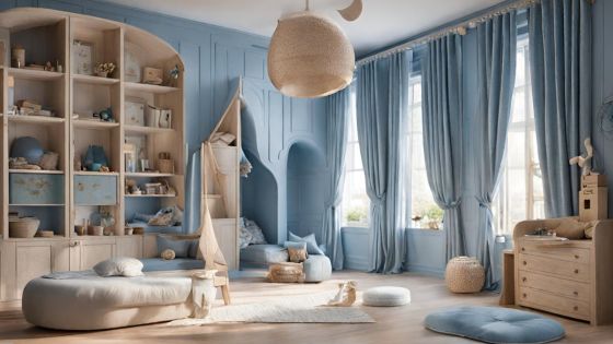 beautiful playrooms with blue tones - large windows with gorgeous curtains hanging at the windows from a wooden Jones Hardwick Pole
