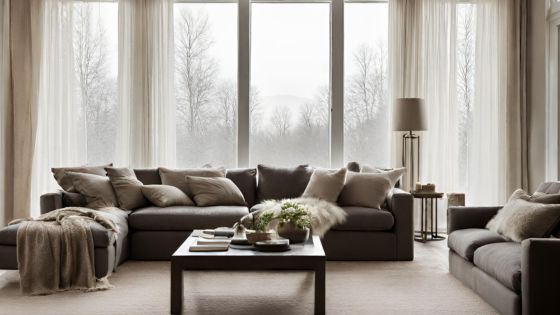 Inviting living room with long windows adorned in double layers of curtains, creating a cozy ambiance. Outside, a winter wonderland unfolds, adding a touch of seasonal charm to the scene