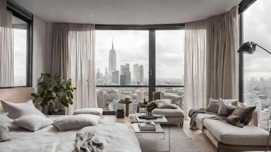 a lovely studio appartment with a city view - long floor to ceiling windows with sheer light coloured curtains hanging either side - soft neutral colours - more masculine feel to the apartment