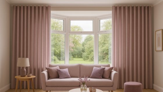 Elegant living room with soft pink wave curtains framing a large bay window, complemented by lilac accents and modern furnishings.
