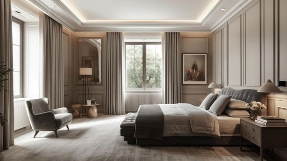 A serene, modern bedroom bathed in the soft glow of smart lighting, featuring large windows dressed with elegant, muted-color curtains. The walls are adorned with sophisticated panelling, contributing to a tranquil atmosphere.
